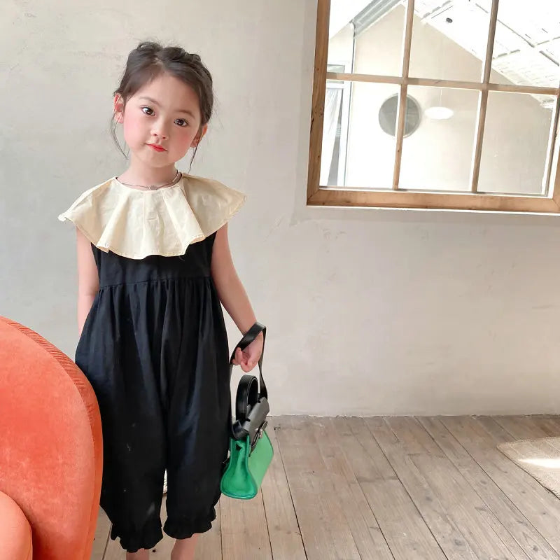 Girls Fashion Casual Cotton Sets Spring Autumn Raglan Sleeve Sweet Baby Clothes black jumpsuit with cream collar