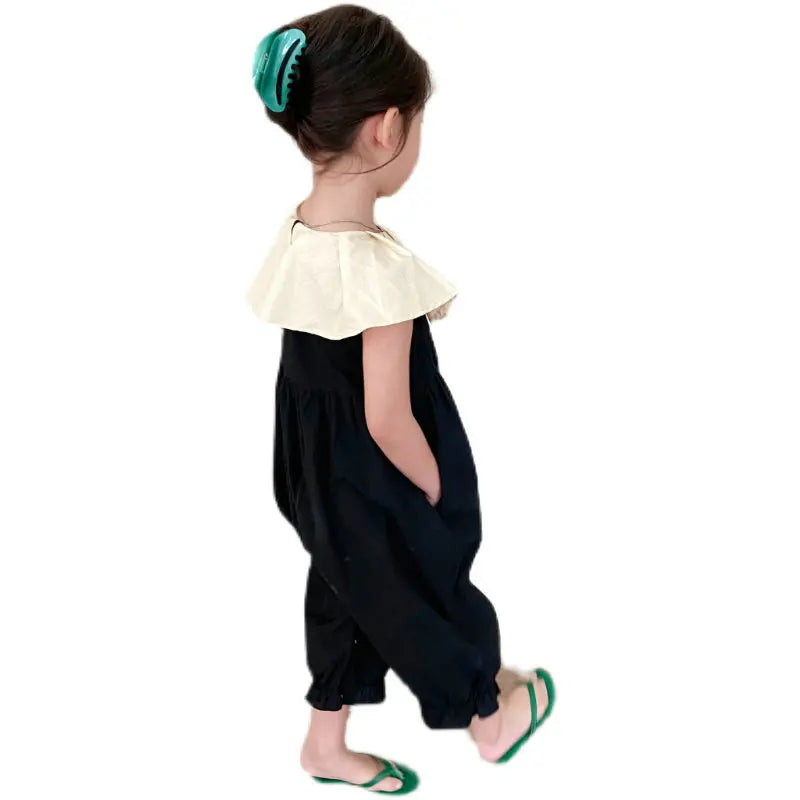 Girls Fashion Casual Cotton Sets Spring Autumn Raglan Sleeve Sweet Baby Clothes black jumpsuit with white collar 