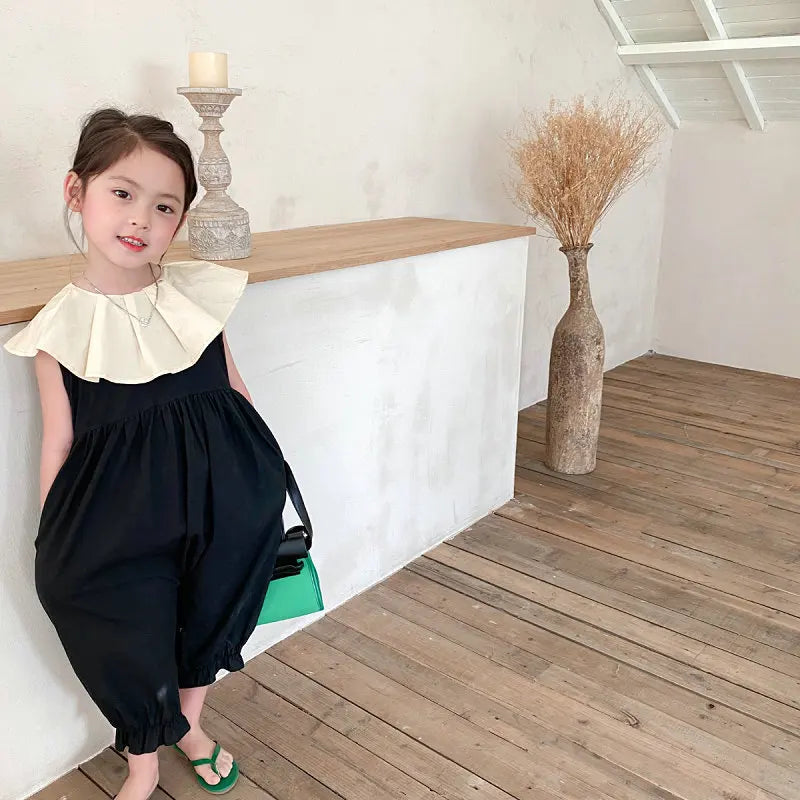 Girls Fashion Casual Cotton Sets Spring Autumn Raglan Sleeve Sweet Baby Clothes black romper with white collar worn by toddler girl