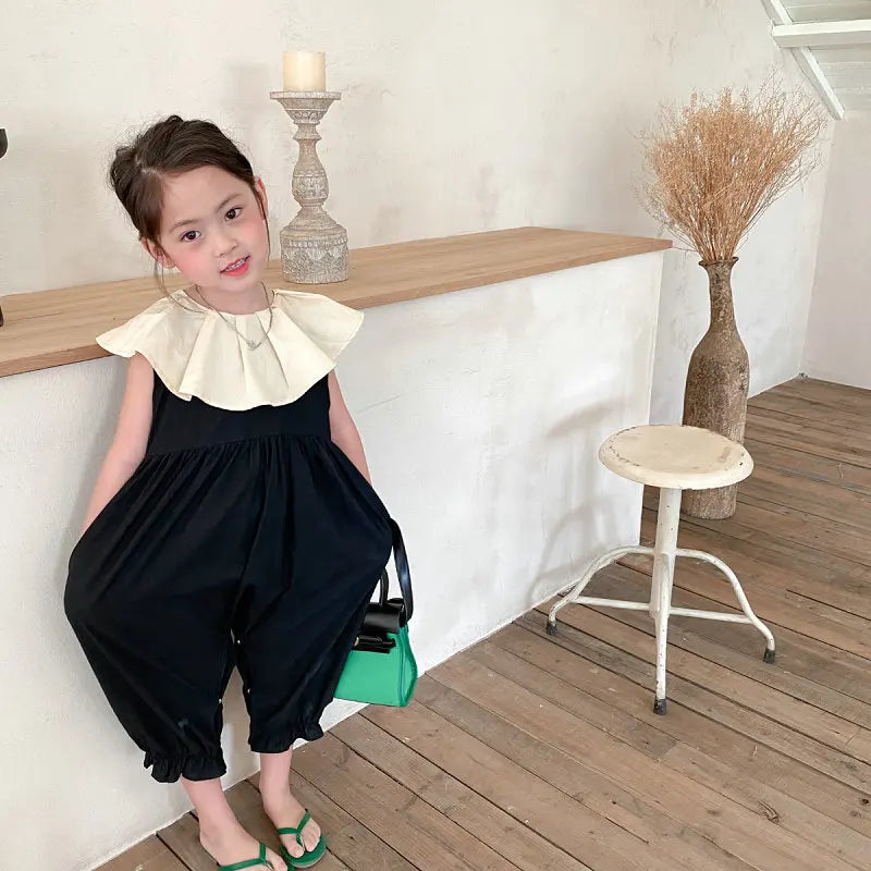 Girls Fashion Casual Cotton Sets Spring Autumn Raglan Sleeve Sweet Baby Clothes black jumpsuit with white collar