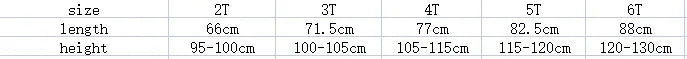 Size chart for Yamza Tots' Closet Girls Fashion Casual Cotton Sets Spring Autumn Raglan Sleeve Sweet Baby Clothes showing length and height measurements for sizes 2T to 6T