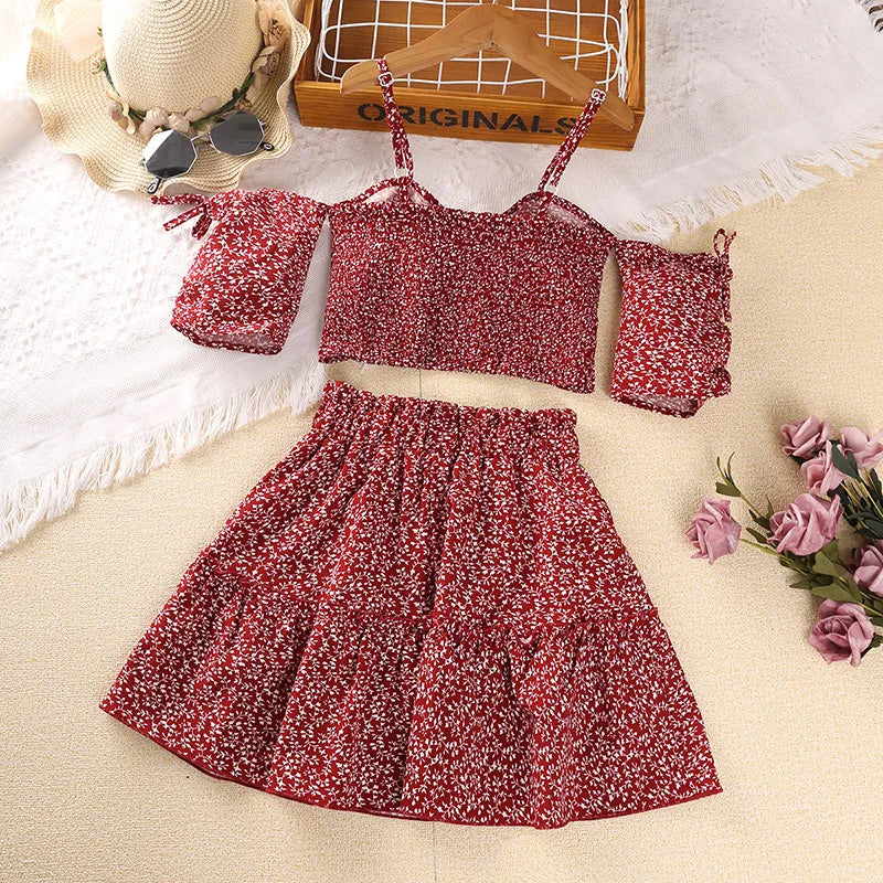 Girls Floral Print Casual Outfit Twist Strap Top and Skirt Set for Summer in red with white flowers