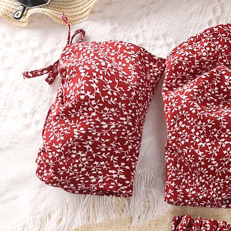 Girls Floral Print Casual Outfit Twist Strap Top and Skirt Set for Summer in red and white floral pattern