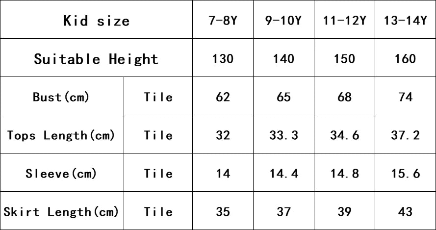 Size chart showing measurements for Girls Floral Print Casual Outfit Twist Strap Top and Skirt Set for Summer