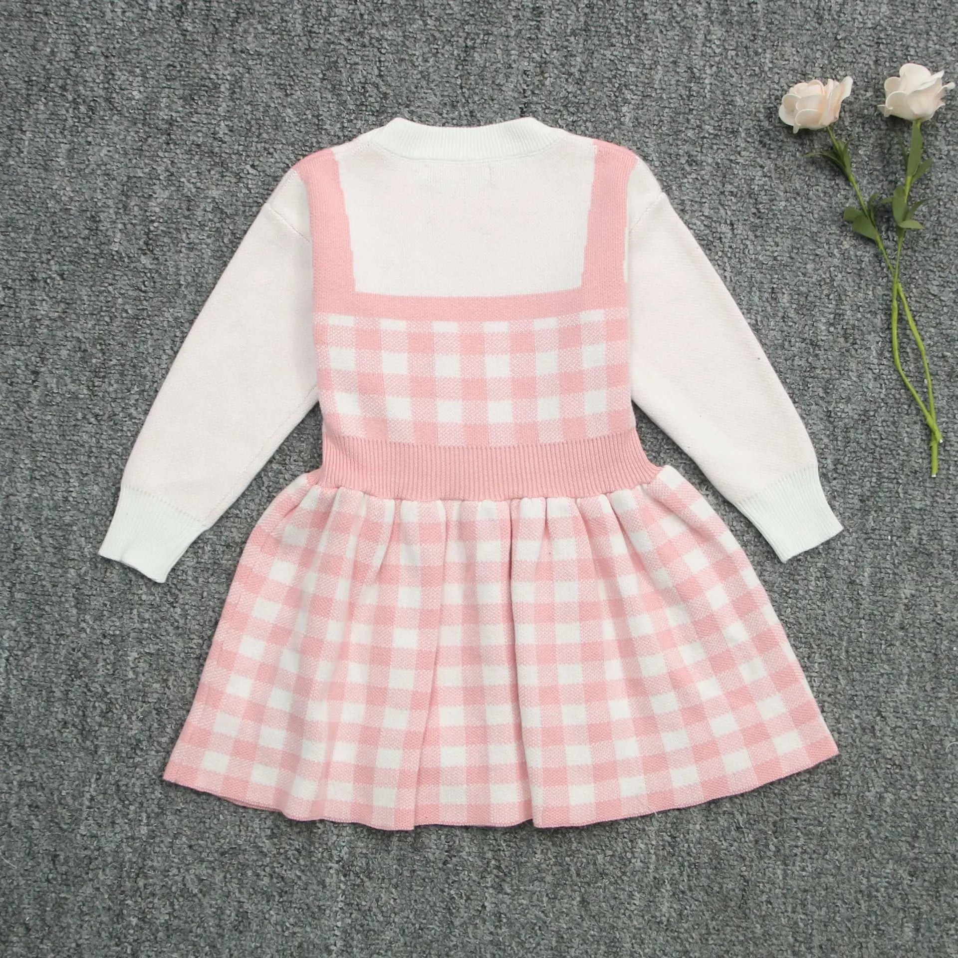 Girls Kawaii Hello Kitty Pink Knitted Cotton Princess Dress Cute Cartoon Style with pink checkered skirt and white long sleeves