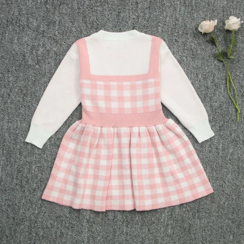 Girls Kawaii Hello Kitty Pink Knitted Cotton Princess Dress Cute Cartoon Style soft knit check pattern