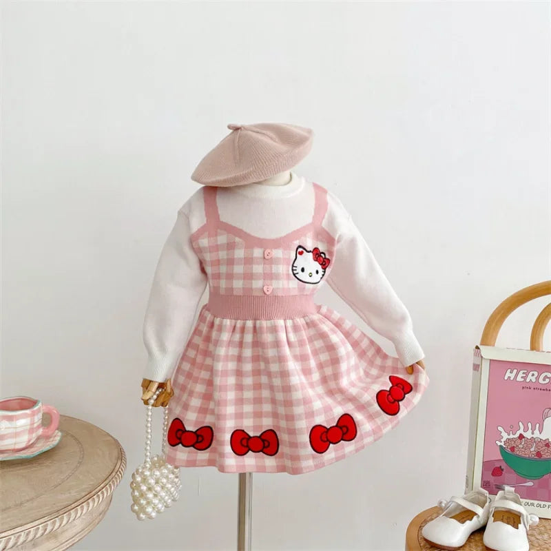 Girls Kawaii Hello Kitty Pink Knitted Cotton Princess Dress Cute Cartoon Style with white long sleeves and red bow accents