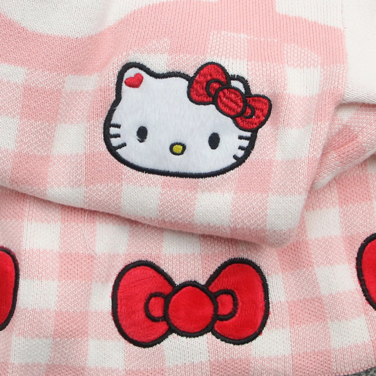 Girls Kawaii Hello Kitty Pink Knitted Cotton Princess Dress Cute Cartoon Style with embroidered Hello Kitty face and red bows
