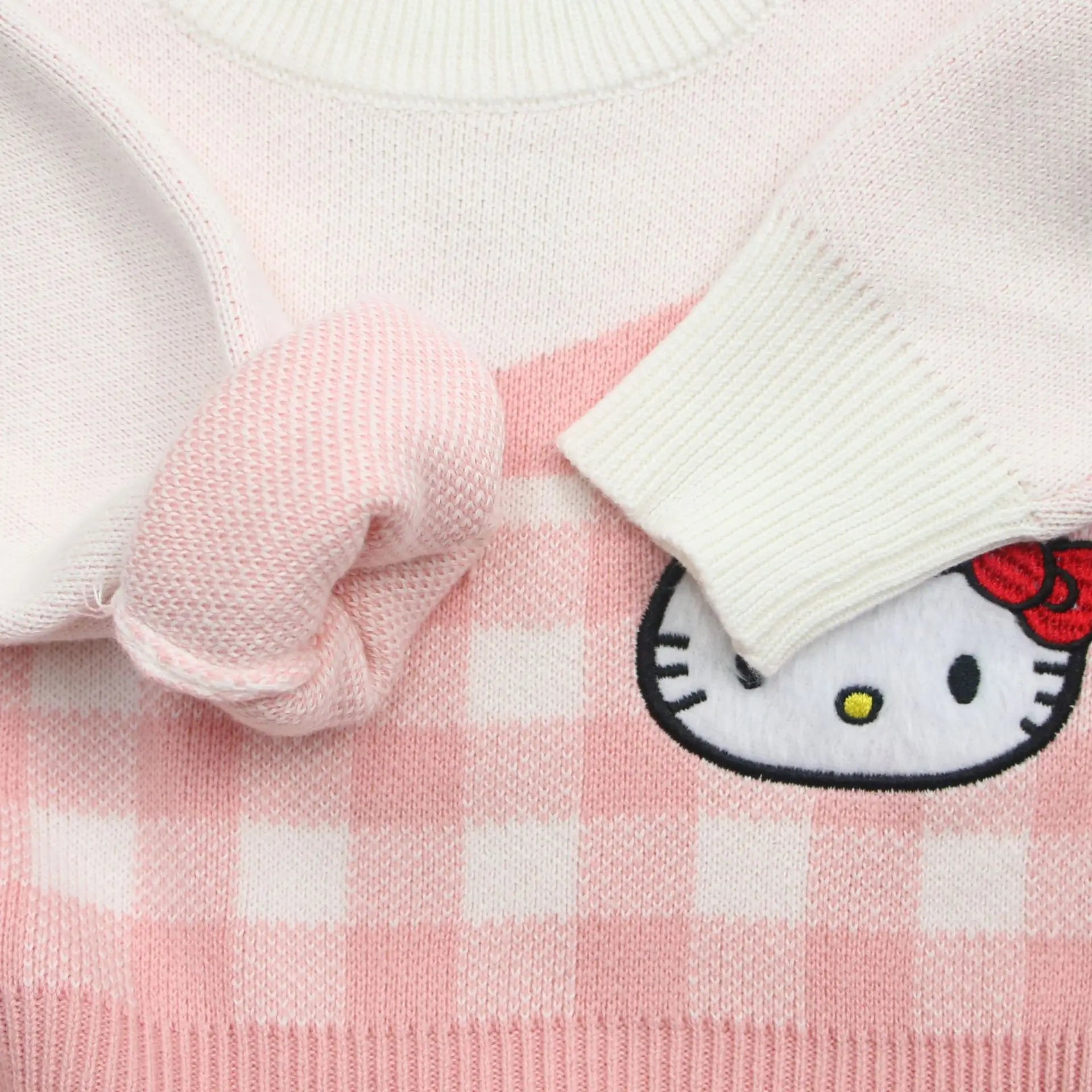 Girls Kawaii Hello Kitty Pink Knitted Cotton Princess Dress Cute Cartoon Style featuring soft fabric and embroidered Hello Kitty face