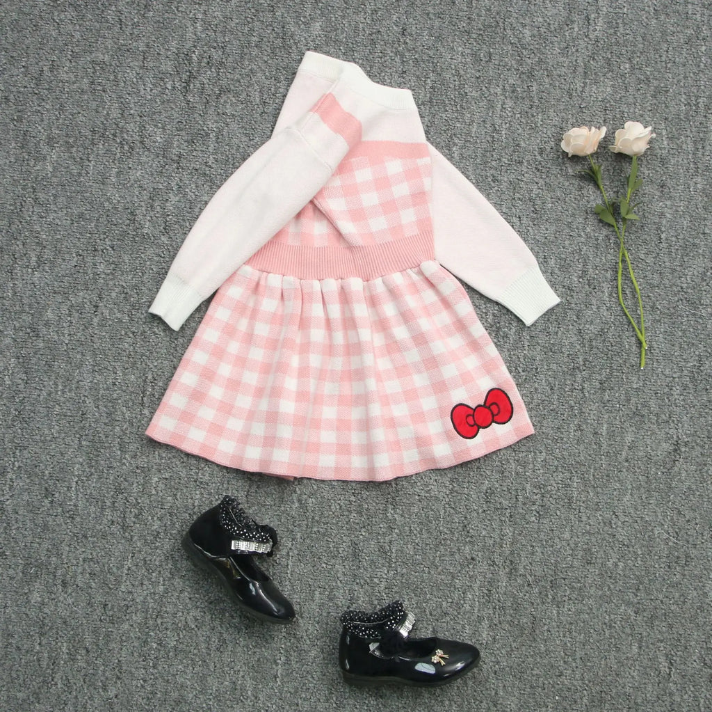 Girls Kawaii Hello Kitty Pink Knitted Cotton Princess Dress Cute Cartoon Style with pink checkered skirt and long sleeves