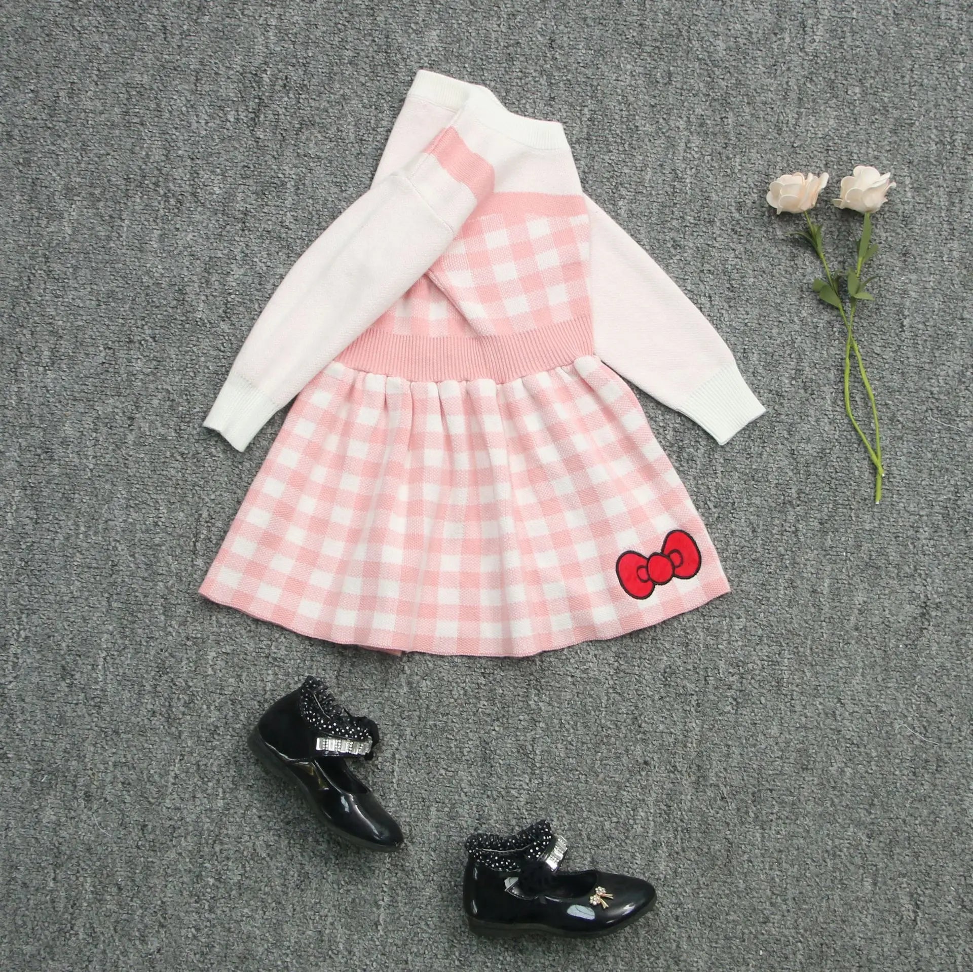 Girls Kawaii Hello Kitty Pink Knitted Cotton Princess Dress Cute Cartoon Style with pink checkered skirt and long sleeves