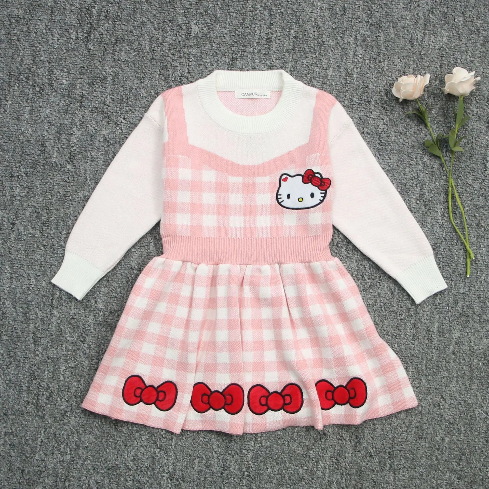 Girls Kawaii Hello Kitty Pink Knitted Cotton Princess Dress Cute Cartoon Style with bow details