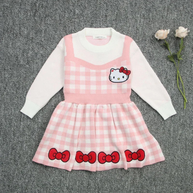 Girls Kawaii Hello Kitty Pink Knitted Cotton Princess Dress Cute Cartoon Style with bow and checkered pattern