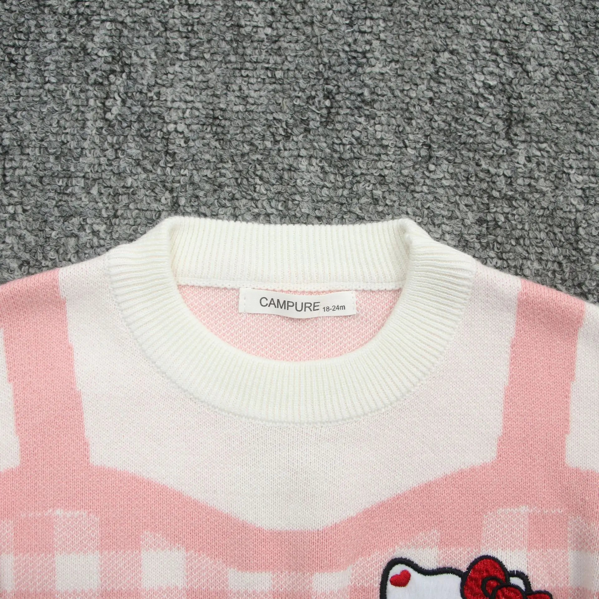 Girls Kawaii Hello Kitty Pink Knitted Cotton Princess Dress Cute Cartoon Style with white collar and pink checkered pattern