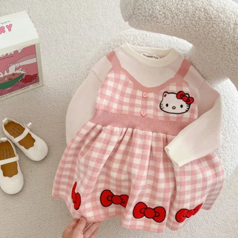 Girls Kawaii Hello Kitty Pink Knitted Cotton Princess Dress Cute Cartoon Style with red bows and white long sleeves