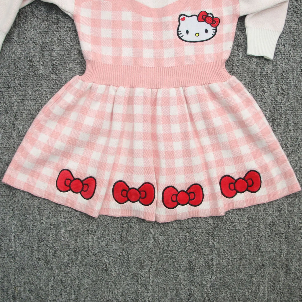 Girls Kawaii Hello Kitty Pink Knitted Cotton Princess Dress Cute Cartoon Style with checkered pattern and red bows