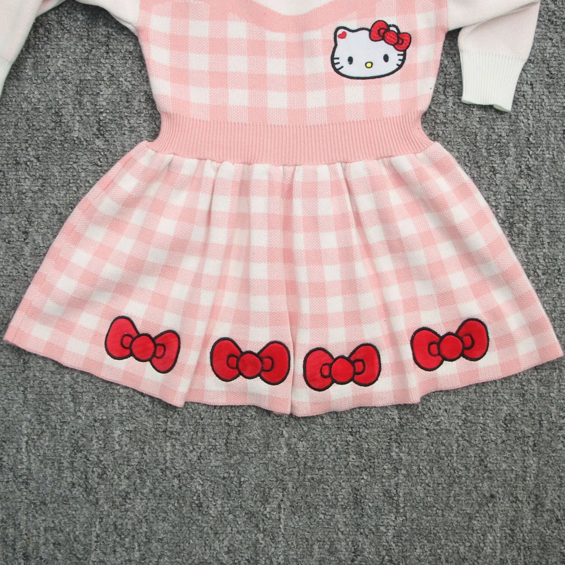 Girls Kawaii Hello Kitty Pink Knitted Cotton Princess Dress Cute Cartoon Style with checkered pattern and red bows