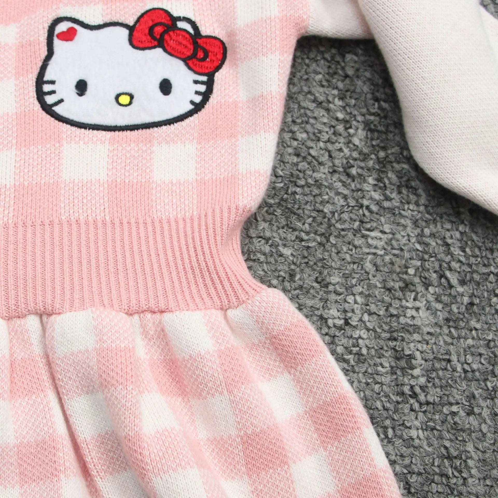 Girls Kawaii Hello Kitty Pink Knitted Cotton Princess Dress Cute Cartoon Style with checkered pattern
