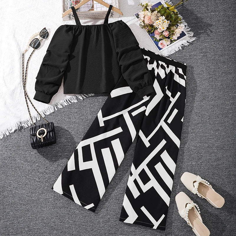 Girls Khaki Off-Shoulder Top and Striped Pants Set Summer Resort Outfit by Yamza Tots' Closet