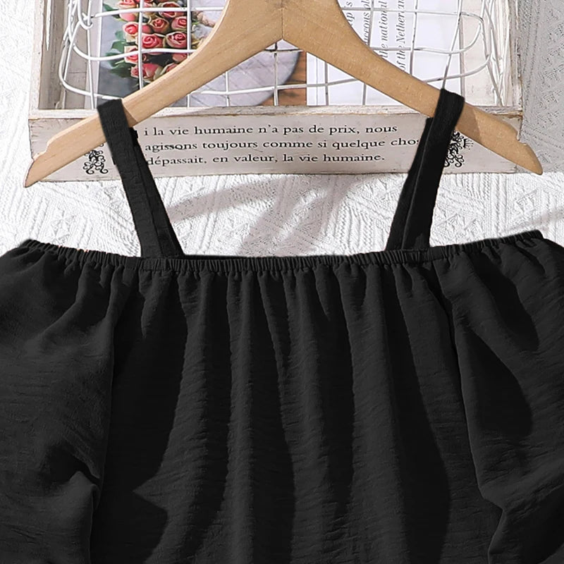 Girls Khaki Off-Shoulder Top & Striped Pants Set summer resort outfit by Yamza Tots' Closet black top close-up