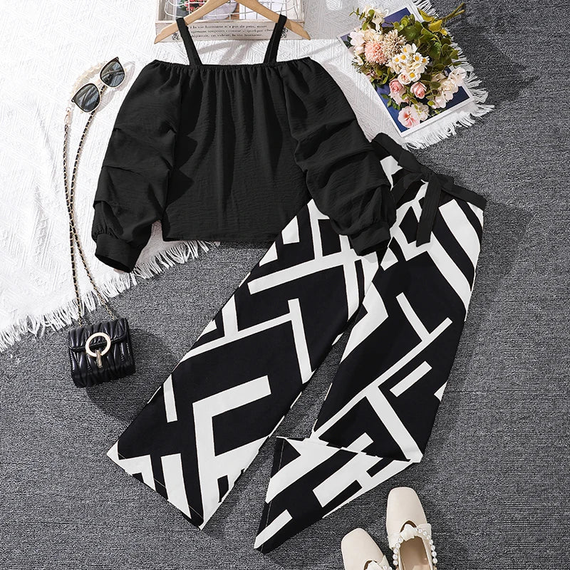 Girls Khaki Off-Shoulder Top and Striped Pants Set summer resort outfit styled with sunglasses handbag and shoes