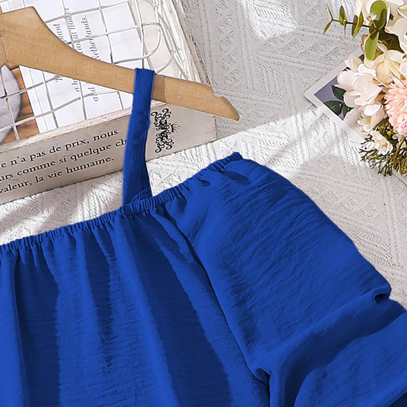 Girls Khaki Off-Shoulder Top & Striped Pants Set summer resort outfit blue off-shoulder top close-up