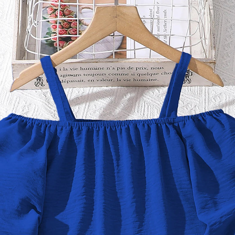 Girls Khaki Off-Shoulder Top & Striped Pants Set Summer Resort Outfit blue off-shoulder top close-up