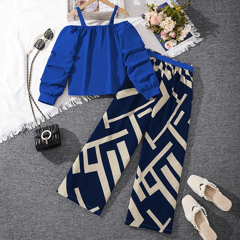 Girls Khaki Off-Shoulder Top and Striped Pants Set Summer Resort Outfit displayed with blue off-shoulder top and patterned striped pants