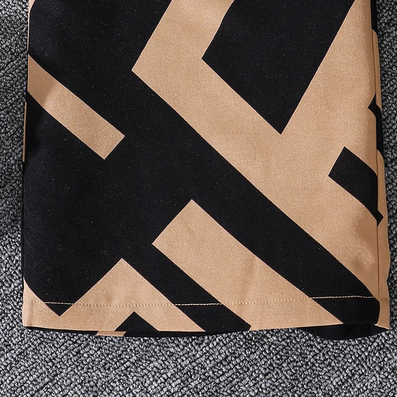 Close-up of Girls Khaki Off-Shoulder Top & Striped Pants Set Summer Resort Outfit fabric with geometric black and khaki pattern