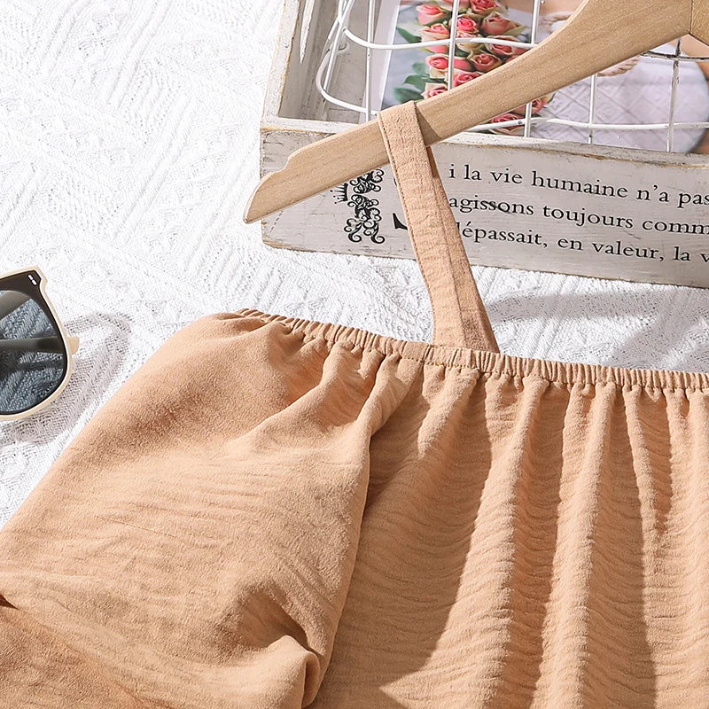 Girls Khaki Off-Shoulder Top & Striped Pants Set summer resort outfit by Yamza Tots' Closet on hanger