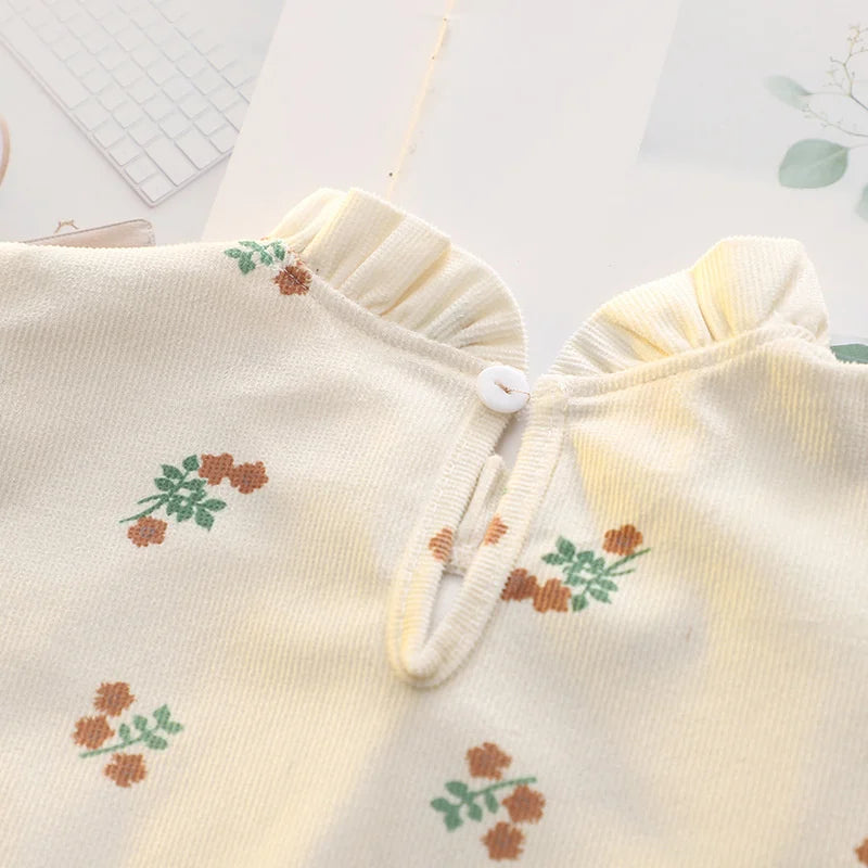 Girls Spring Autumn Dress Long Sleeve Print Baby Clothes Fashion Kids Outfit cream fabric with small floral print and button closure