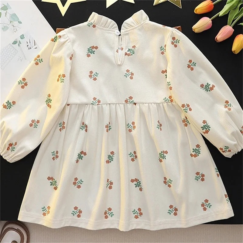 Girls Spring Autumn Dress Long Sleeve Print Baby Clothes Fashion Kids Outfit with floral pattern and ruffled collar