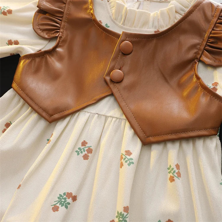 Girls Spring Autumn Dress Long Sleeve Print Baby Clothes Fashion Kids Outfit by Yamza Tots' Closet with brown faux leather vest