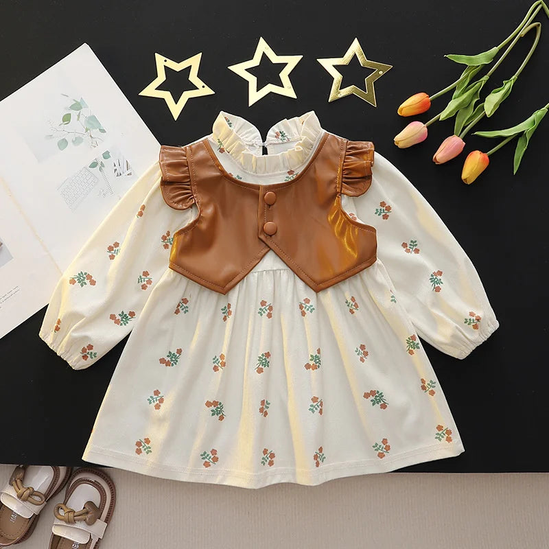 Girls Spring Autumn Dress Long Sleeve Print Baby Clothes Fashion Kids Outfit with ruffled collar and brown faux leather vest