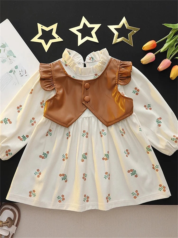 Girls Spring Autumn Dress Long Sleeve Print Baby Clothes Fashion Kids Outfit with floral print and brown faux leather vest