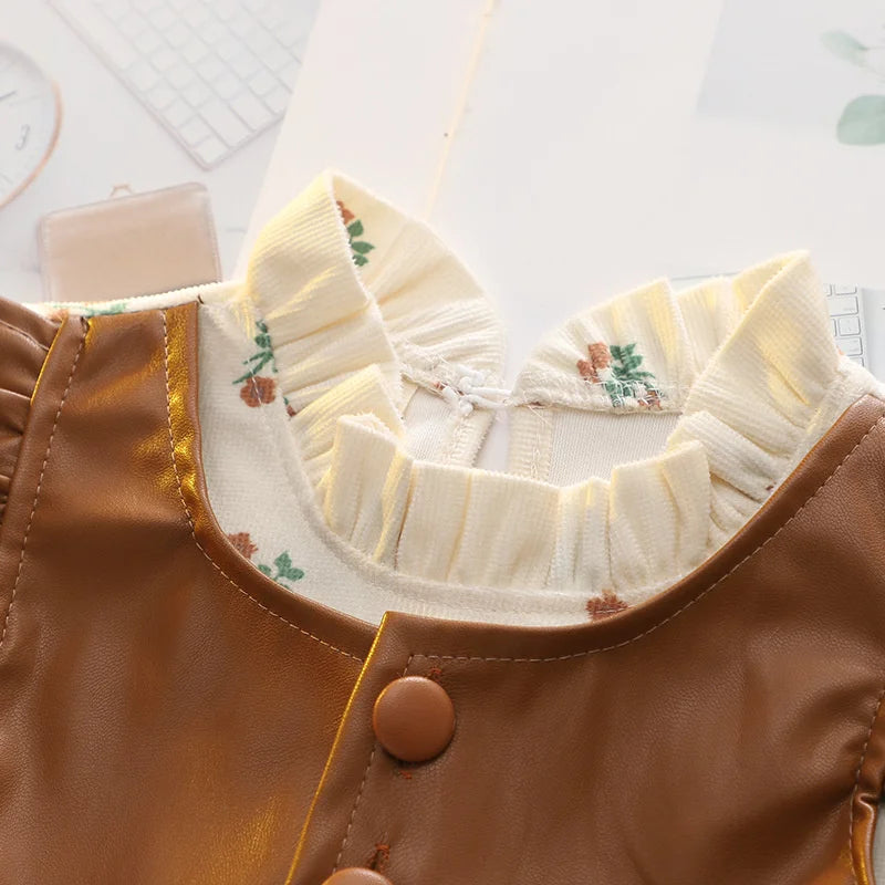 Girls Spring Autumn Dress Long Sleeve Print Baby Clothes Fashion Kids Outfit with floral ruffled collar and brown faux leather detail