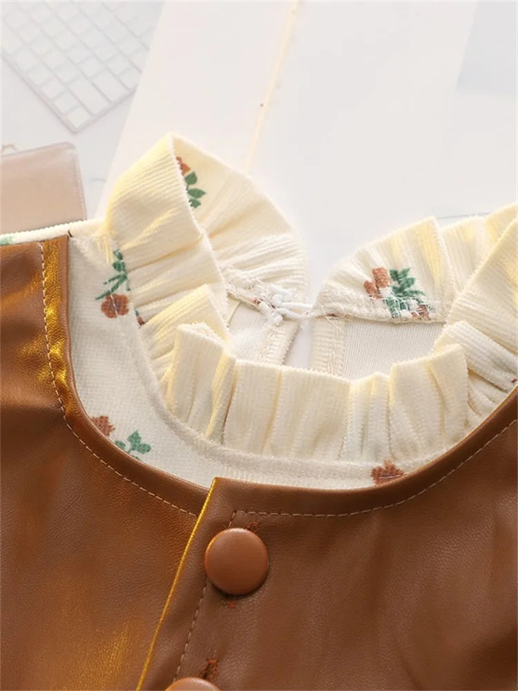 Girls Spring Autumn Dress Long Sleeve Print Baby Clothes Fashion Kids Outfit close-up showing floral ruffle collar and brown buttoned bodice