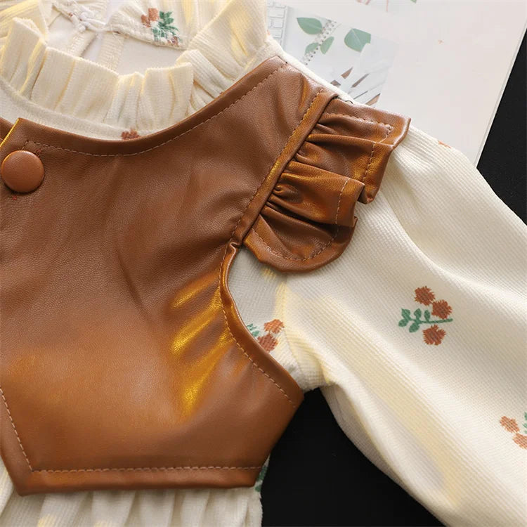Girls Spring Autumn Dress Long Sleeve Print Baby Clothes Fashion Kids Outfit with brown faux leather ruffled detail