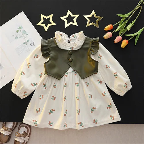 Girls Spring Autumn Dress Long Sleeve Print Baby Clothes Fashion Kids Outfit with floral pattern and green vest detail 