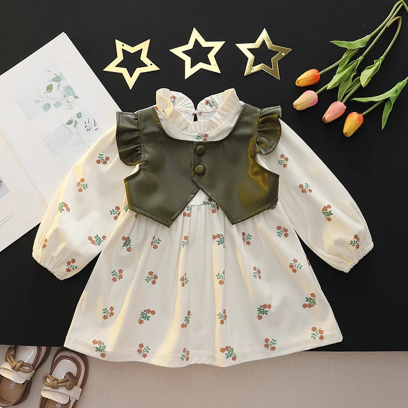 Girls Spring Autumn Dress Long Sleeve Print Baby Clothes Fashion Kids Outfit with floral pattern and green vest detail