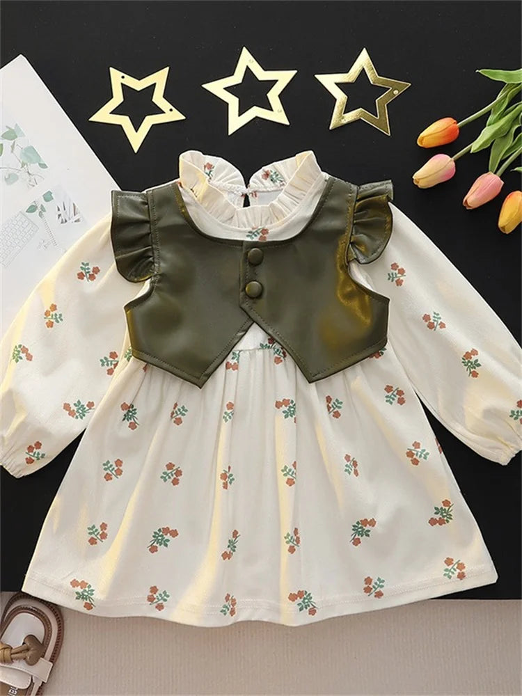 Girls Spring Autumn Dress Long Sleeve Print Baby Clothes Fashion Kids Outfit with floral print and olive green vest