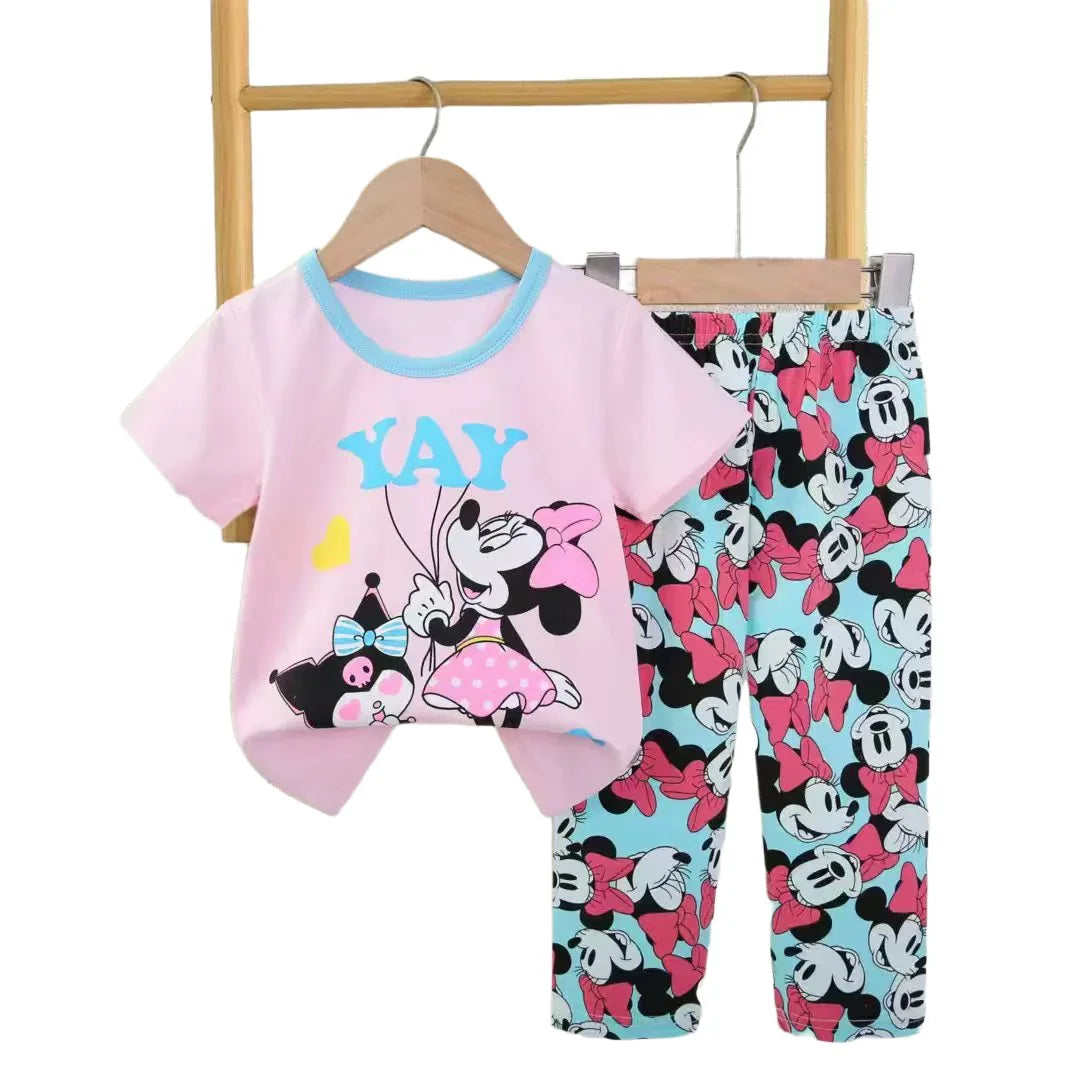 Girls Summer Clothes Sets Cute Printed T-shirt Tops and Pants Kids Outfits featuring pink cartoon character design