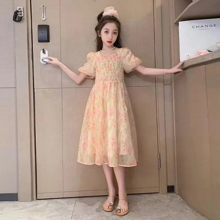 Girls Summer Floral Chinese Style Party Dress Elegant Kids Holiday Outfit by Yamza Tots Closet in light peach with puff sleeves