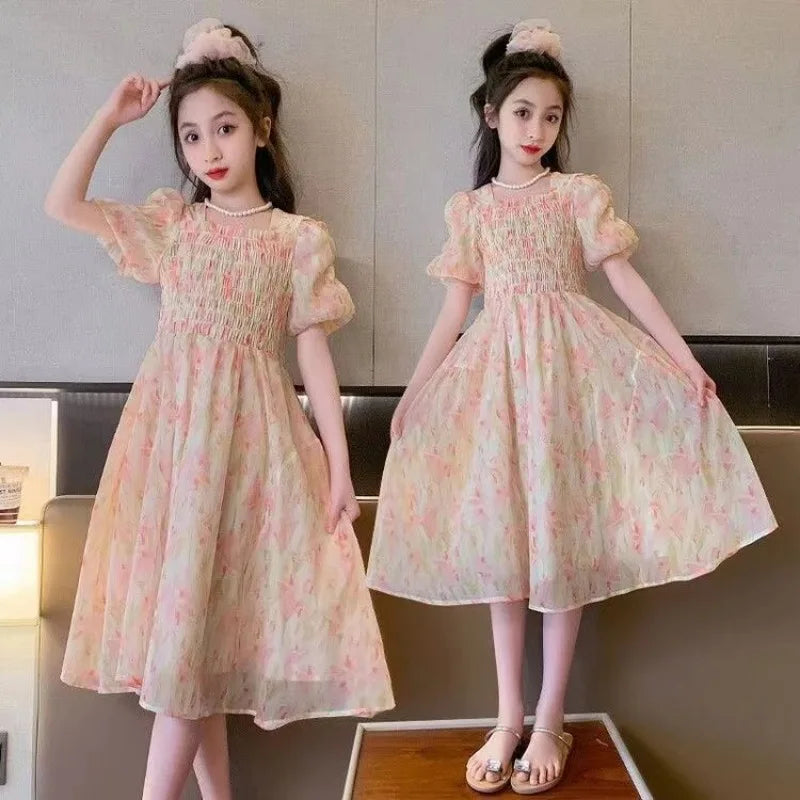 Girls summer floral Chinese style party dress elegant kids holiday outfit with puff sleeves and light pink pattern