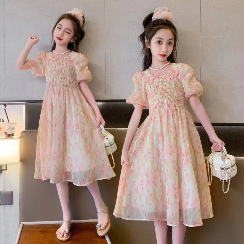 Girls Summer Floral Chinese Style Party Dress Elegant Kids Holiday Outfit with puff sleeves and smocked bodice