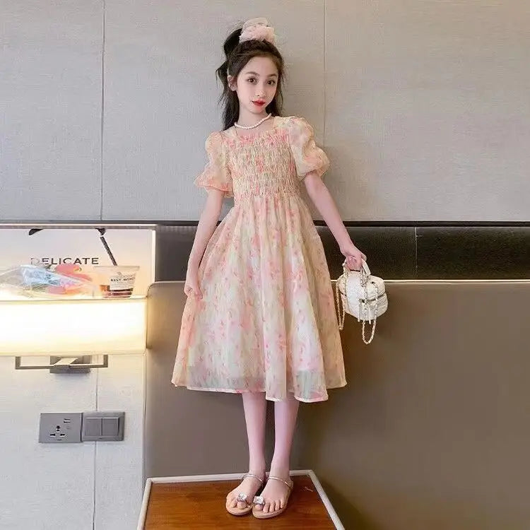 Girls Summer Floral Chinese Style Party Dress Elegant Kids Holiday Outfit with puff sleeves and pink floral design