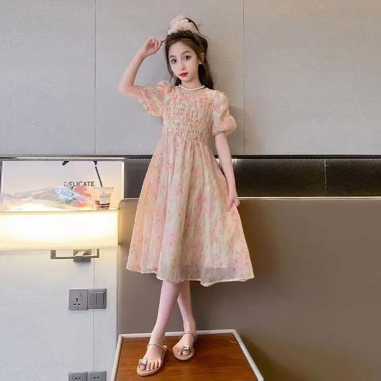 Girls Summer Floral Chinese Style Party Dress Elegant Kids Holiday Outfit in pastel pink with puff sleeves