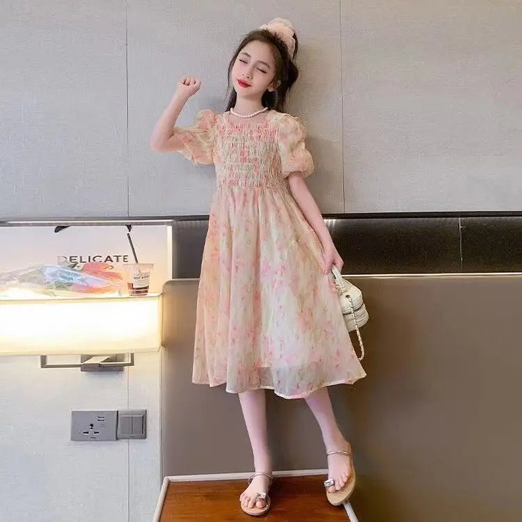 Girls Summer Floral Chinese Style Party Dress Elegant Kids Holiday Outfit in pastel colors with puff sleeves and smocked bodice