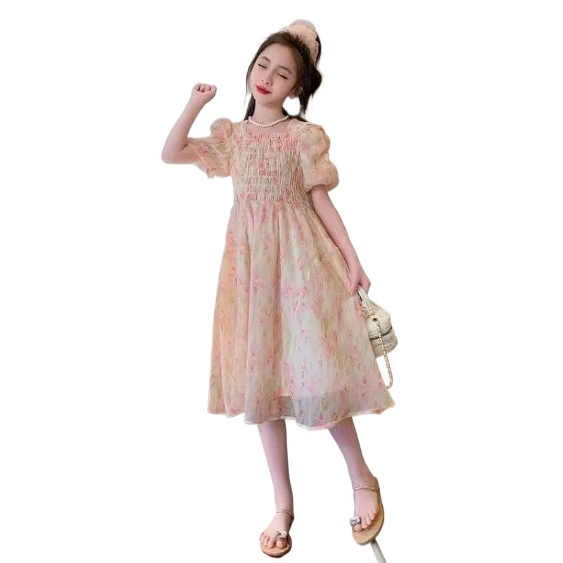 Girls Summer Floral Chinese Style Party Dress Elegant Kids Holiday Outfit with puff sleeves and delicate pattern 