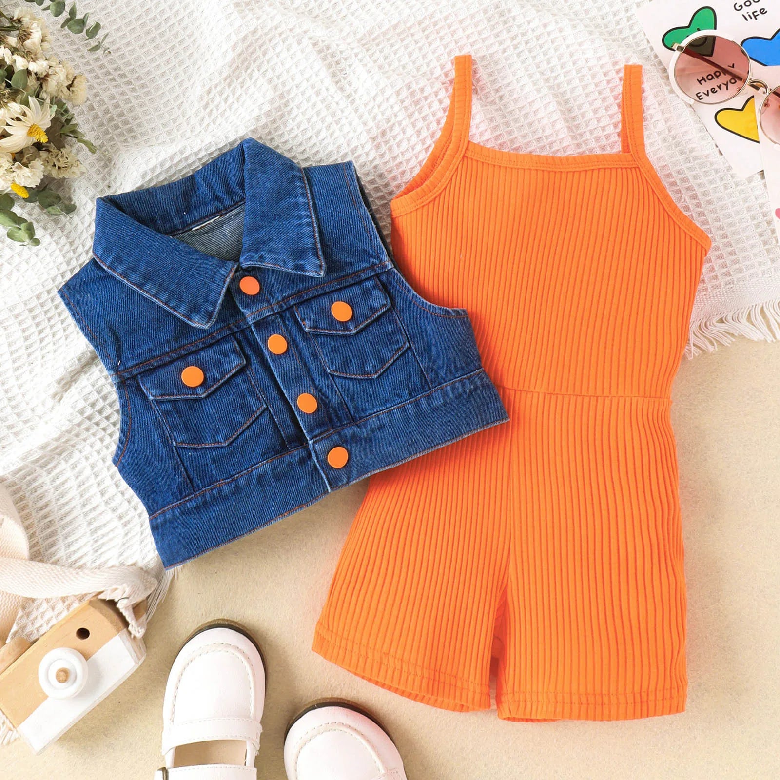 Girls Summer Sleeveless Solid Rib Bodysuit and Denim Coat Set by Yamza Tots' Closet laid out with white shoes and flowers